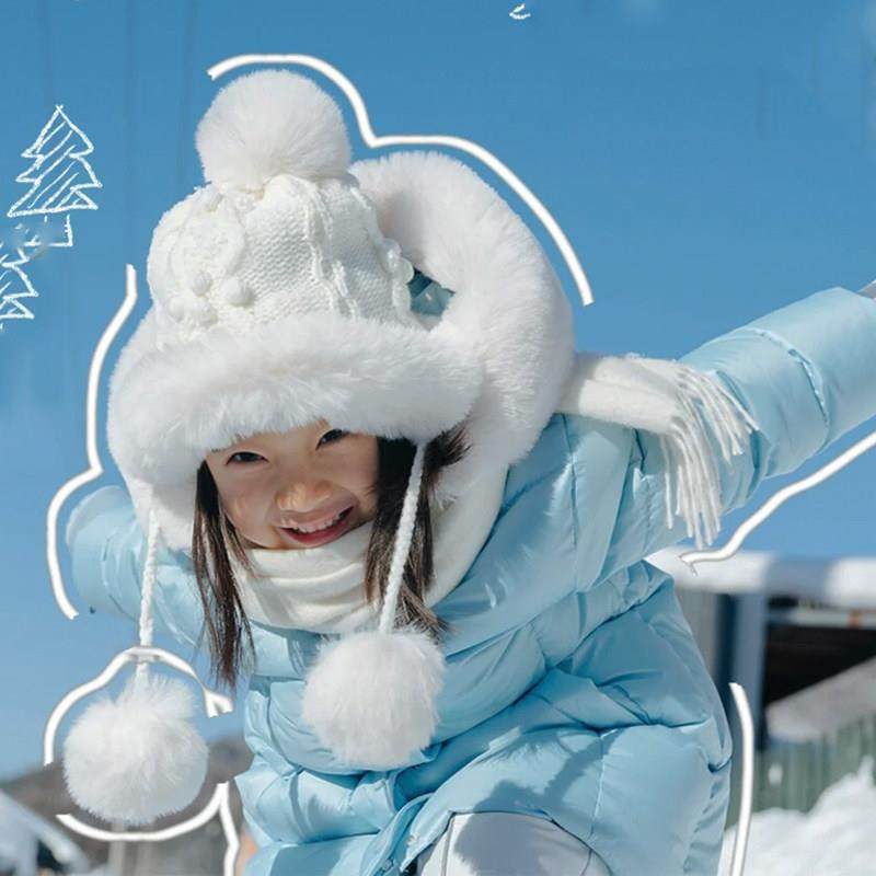 东北哈尔滨雪乡旅游穿搭儿童帽子可爱毛球女童加绒保暖护耳毛线帽