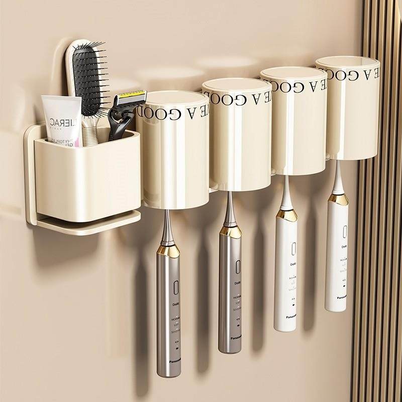 日本牙刷置物架奶油风免打孔刷牙漱口杯家用化妆室壁挂牙杯收纳层