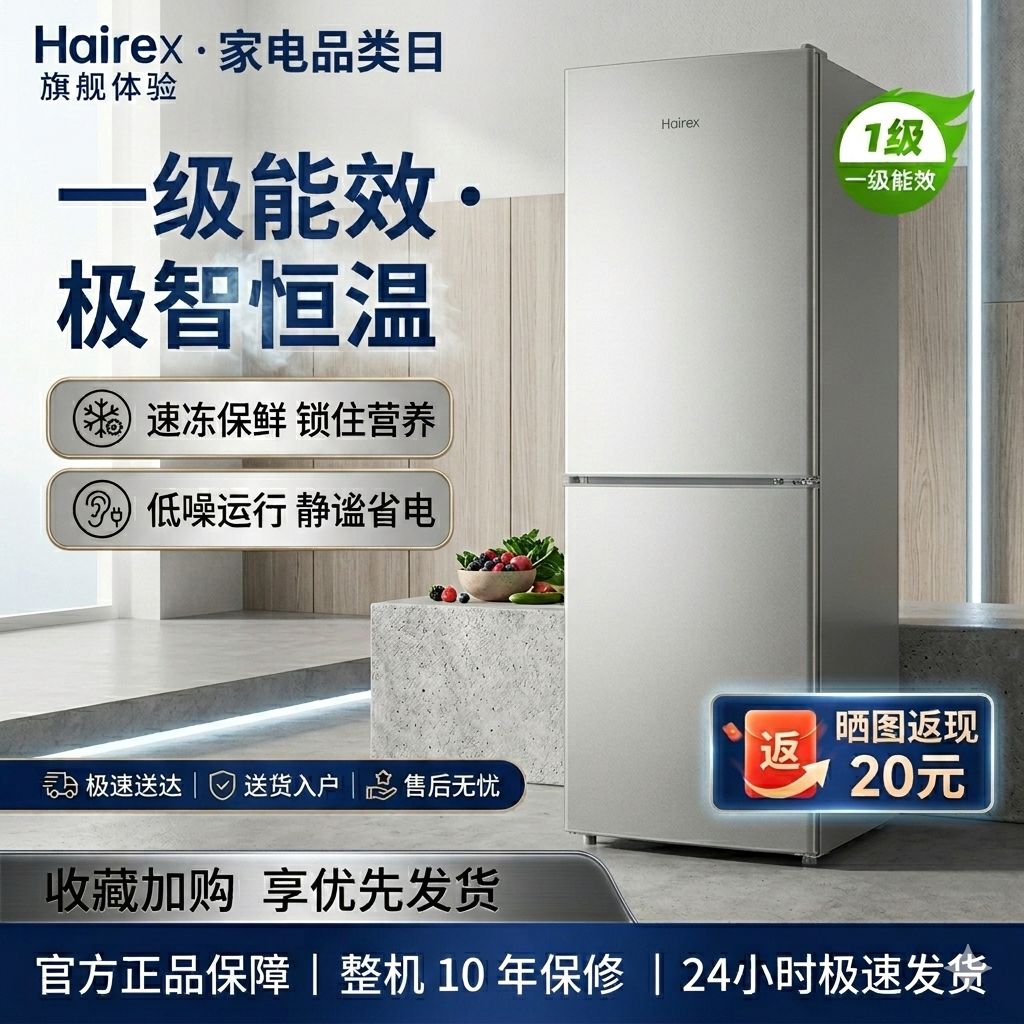 Hairex小冰箱一级能效家用宿舍出租房冷冻双开门中型迷你小型冰箱
