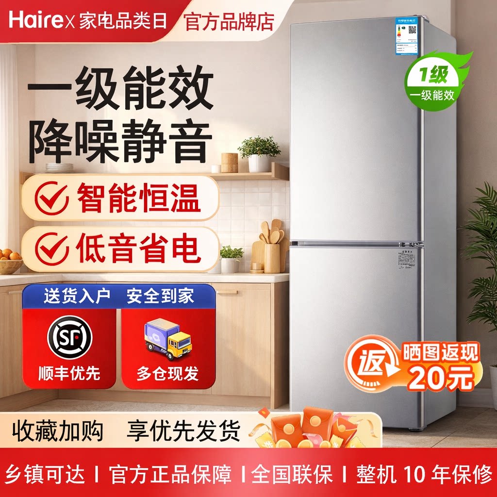 Hairex小冰箱一级能效家用宿舍出租房冷冻双开门中型迷你小型冰箱