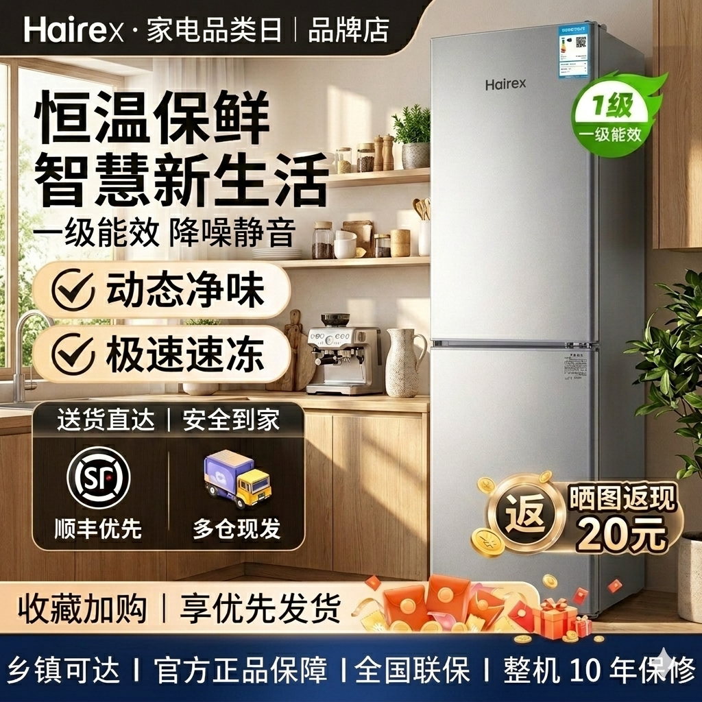 Hairex海小冰箱一级能效家用宿舍出租房冷藏冷冻双开门迷你小冰箱