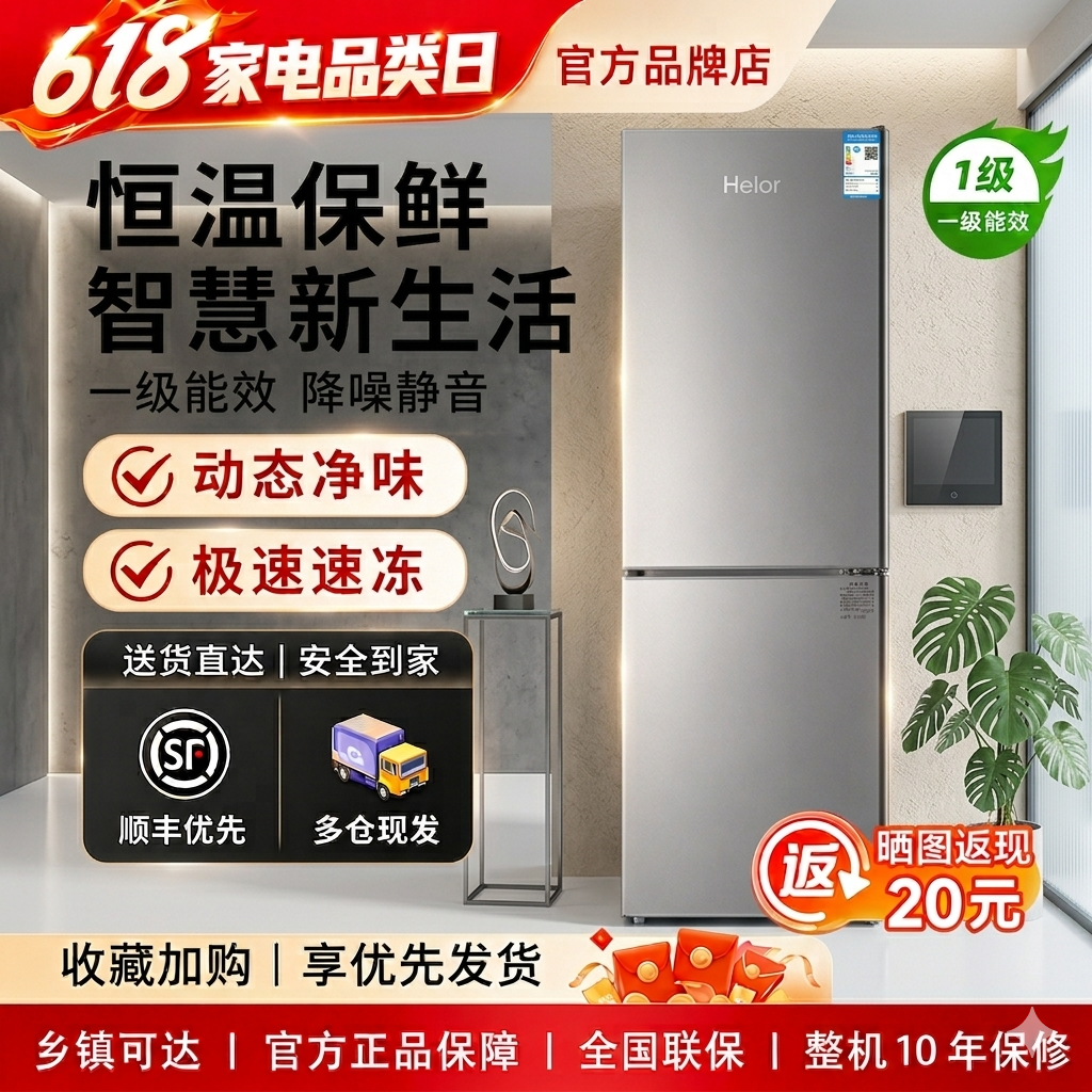 Hairex海小冰箱一级能效家用宿舍出租房冷藏冷冻双开门迷你冰箱