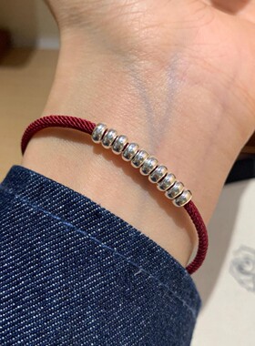 925银红色编织手链女可调节简约银饰手环