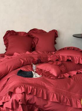 ?MCC公主风庆床上婚用品十件大套红色纯棉结婚床被套单四件套抱枕