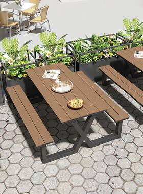 户外连体桌露椅组合外庭院公园一体式子防水桌HRP塑木天广场餐室