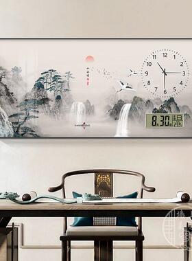 新XY703866中式年历钟表画迎客松山水厅餐装饰画静音电子钟客厅挂