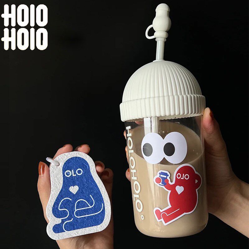 holoholo帽帽玻璃吸管杯防尘桌面杯可爱女生大容量水杯随行咖啡杯