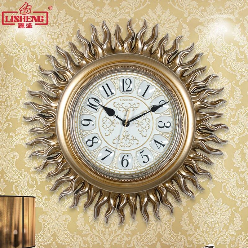 丽盛创意欧式复古装饰挂钟客厅圆形太阳艺术壁钟静音钟表时钟挂表