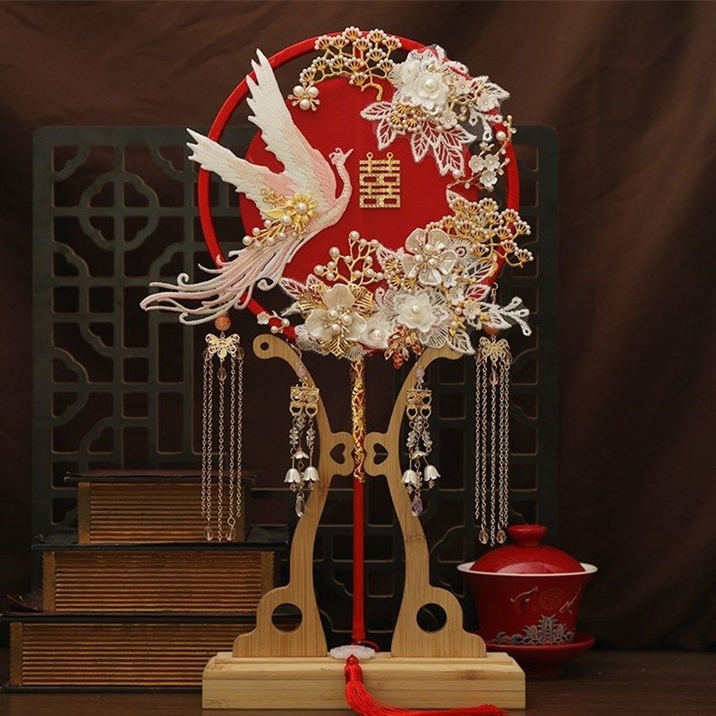 团扇新娘结婚手工diy材料包长柄中式秀禾喜扇高级婚礼重工婚扇子