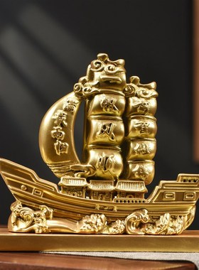 金色一帆风顺帆船木雕摆件实木家用船舱可放东西小船模型纯木制