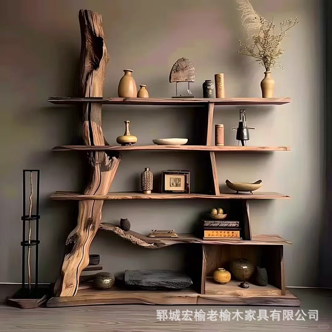 老榆木博古架玄关茶具收纳架新中式多宝阁装饰品储物架墙壁展示架