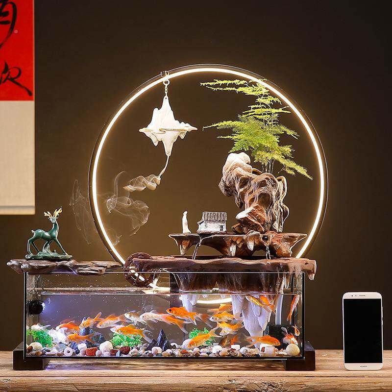 客创意免换水生态环玻假璃鱼缸造景山流水摆件H2xzJtwA循水厅办公