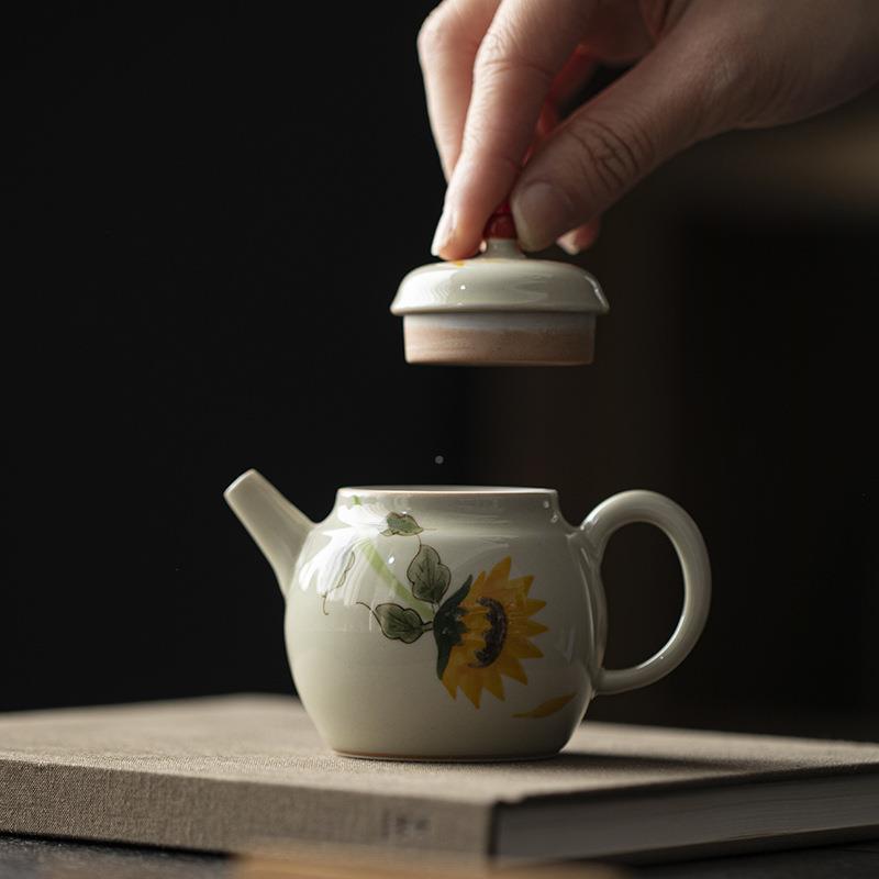 叙旧手绘向葵茶壶单YQG瓷壶陶仿古功夫泡茶日壶家用品壶女带小过