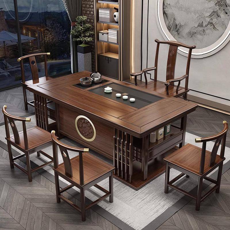实木茶组桌椅新中明月式办公室茶合茶具套装家几用一桌五椅功夫泡