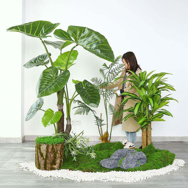 仿真大绿植造组合室内景观景布置假窗植物橱装QIN饰楼梯拐角叶造