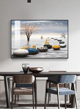 轻奢餐厅装饰画麋鹿蓝色抽象简画HKN歺厅餐挂画现代约横幅饭厅厅