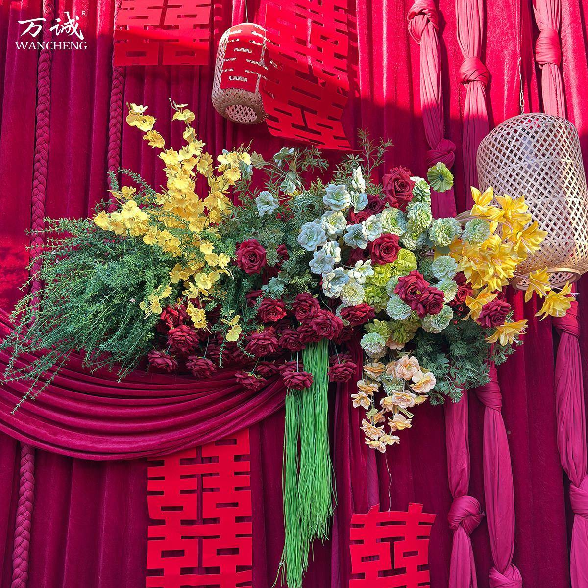 婚1庆式婚红色背景挂花新中庆迎宾礼引婚路花订婚结婚仿真花布置