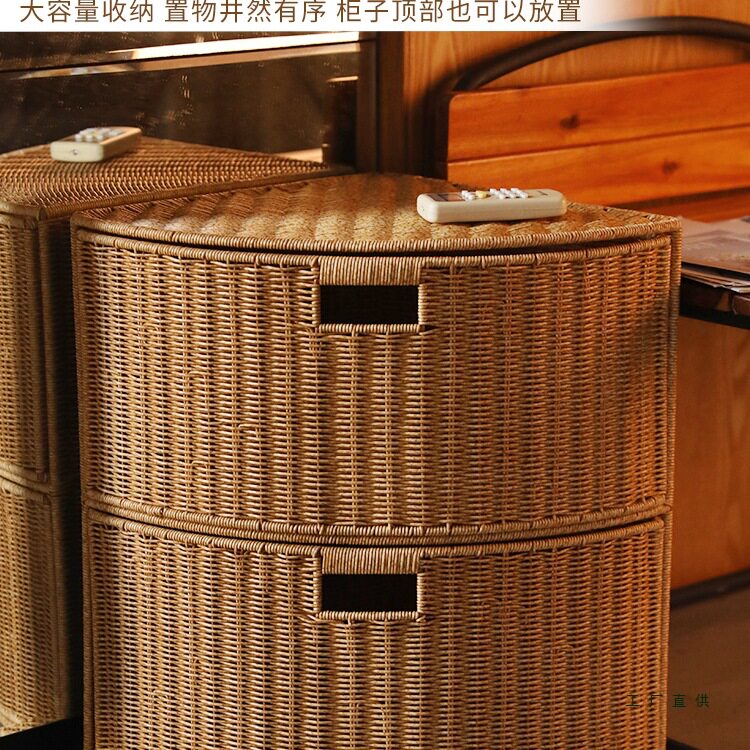 闲储免安装防尘扇形转角橱柜三角柜卧室客厅整理仿藤编收纳架