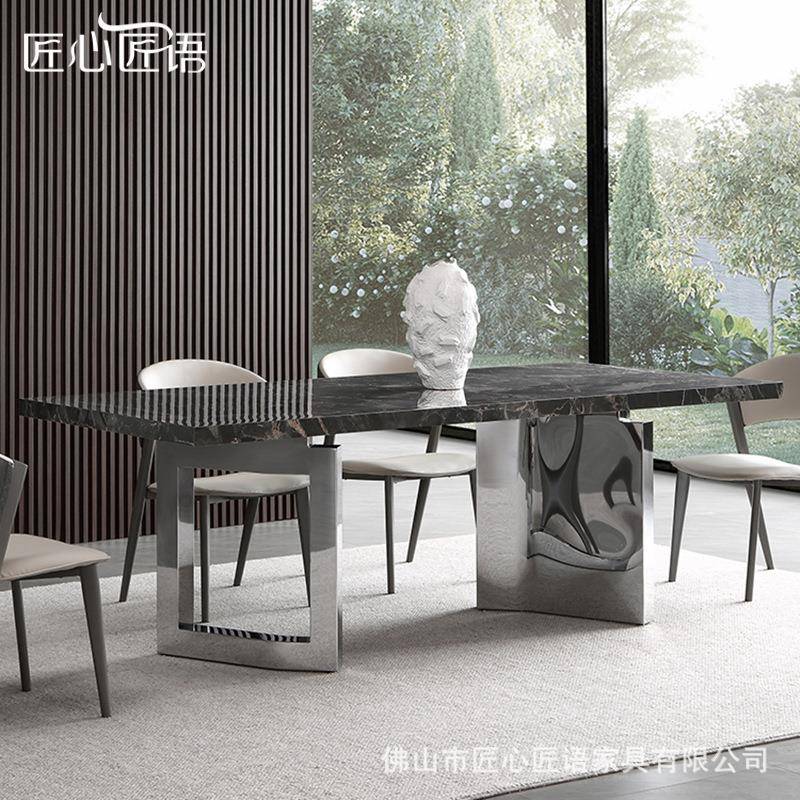 意式轻奢岩板餐CZ049-3桌厚简约家用方形计高端加锈下挂不钢镜面