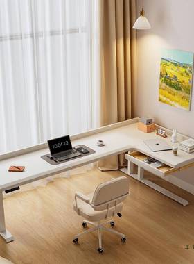 转色升降桌白实公木拐角工作台角l型电竞办桌子电动升降电WLQ脑书