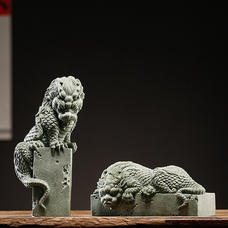 中式青砂石手工招财石玺盘龙桌面鱼缸造景观饰品精品瑞兽茶宠摆件
