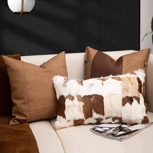 高意式奢抱枕沙发级感客JY1164厅轻棕羊色皮草靠包酒店别墅样板间