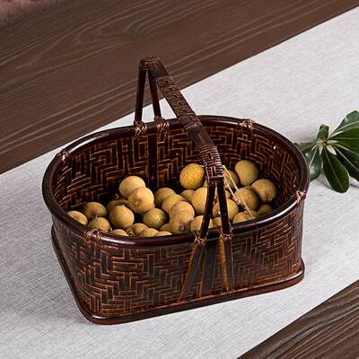 手工竹编仿古提篮收茶具纳盒日式家篮水果篮74004点心竹篮用收纳
