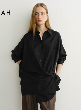 EAAH 韩国品牌 2025春夏女装极简风宽松翻领百搭黑色长袖衬衫