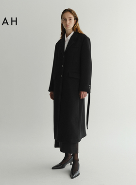 EAAH 韩国品牌 2025秋冬女装毛呢外套腰带翻领长款单排扣羊毛大衣