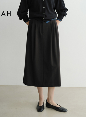 EAAH 韩国品牌 25秋冬黑色压褶半身裙女中长款A字裙通勤百搭显瘦