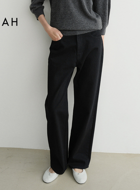 EAAH  韩国品牌25秋冬黑色全棉直筒牛仔裤女宽松百搭显瘦休闲长裤