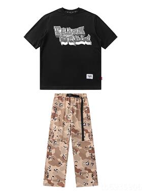 正品FUJAM潮牌童装儿童袖街舞演衣出服美式花印短工装迷彩裤跳舞