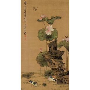 《花鸳鸯图》末清初陈洪绶画家名人字画88明*164cm荷NXC包邮
