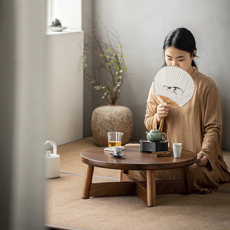 轻奢日黑胡桃实木窗茶式几小桌ZLY子炕简约现飘代圆形榻榻米几矮