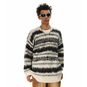 云屿川撞色条纹圆领毛衣秋冬款 欧美街头休闲线衣宽松拉毛针织衫