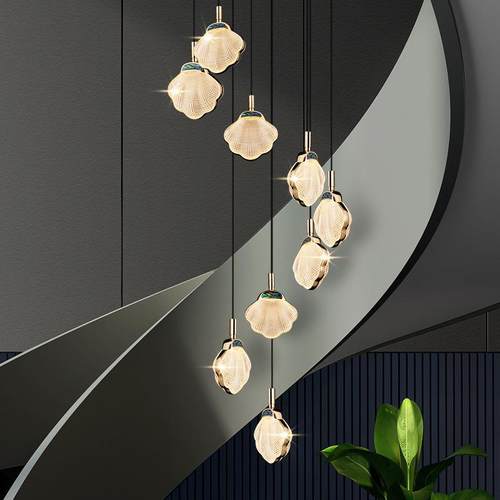 2021年新款创意贝壳复式楼梯长吊灯客厅灯珐琅彩餐厅卧室床头吊灯