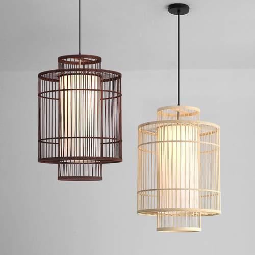 中式竹艺鸟笼吊灯竹子灯饰现代中式竹本色餐厅灯具咖啡色禅意吊灯