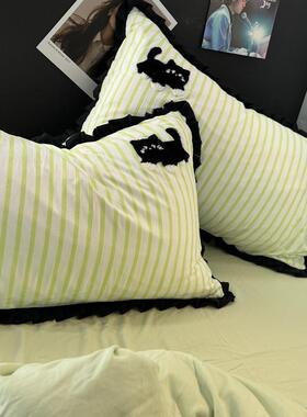 夏绿色条纹猫咪被套黑猫款四件刺绣水洗季棉被罩床单人套MRY爆三