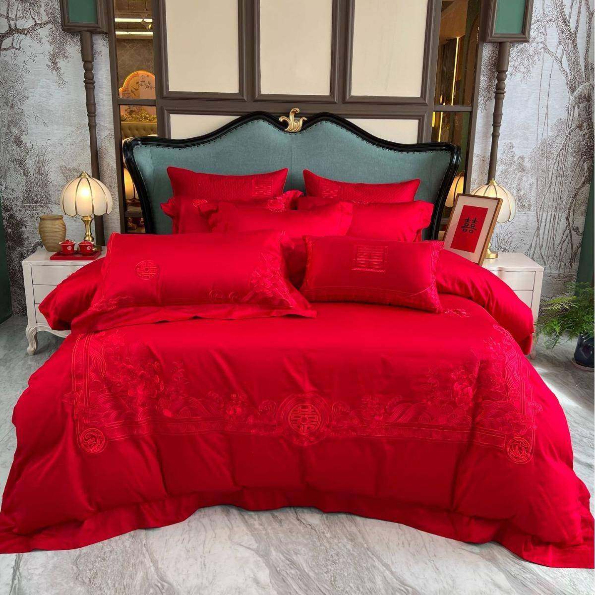 大红结色四件套庆婚家纺长绒棉H1190花卉刺绣纯色十件套床上用品