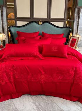 大红结色四件套庆婚家纺长绒棉H1190花卉刺绣纯色十件套床上用品