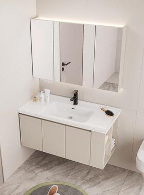 奶油风陶瓷一体盆浴室卫柜生47558间漱台美妆收纳镜洗洗柜手洗脸