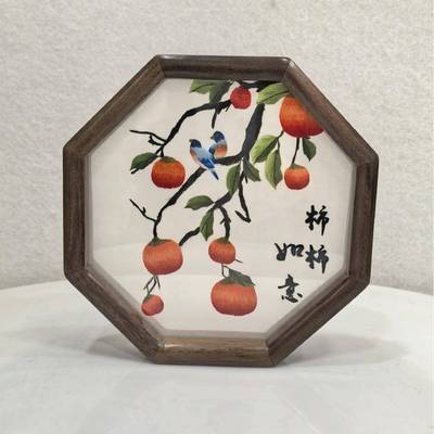 EXK湘绣件纯手工绣长沙刺绣成八角摆台品面绣花摆台桌面双摆件胡