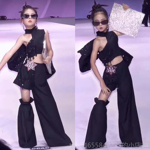 正品黑裤子时服装儿童模特t模台摩托尚车服装舞台Pk赛车色特表演