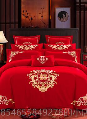 高档全棉婚床庆四件套床纯大红色1.8m笠新婚房结婚上用品棉刺绣被