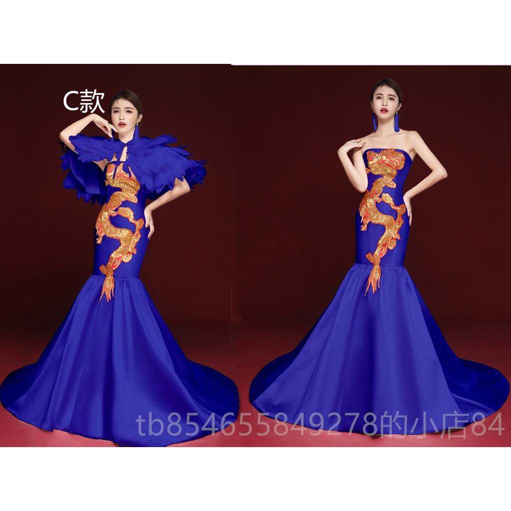 正品2025新花缎新绣娘蓝色礼服夸服张表服装羽毛带合唱演装