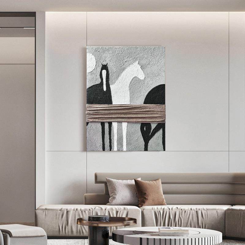 纯手绘油画动物马现代客厅玄关挂画酒店样板房大尺寸轻奢装饰壁画