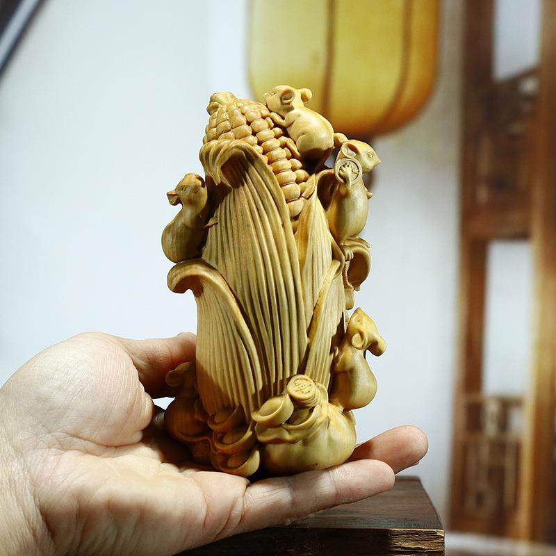 黄杨木雕中式居家办公室装饰摆件五鼠运财木质生肖老鼠客厅手把件