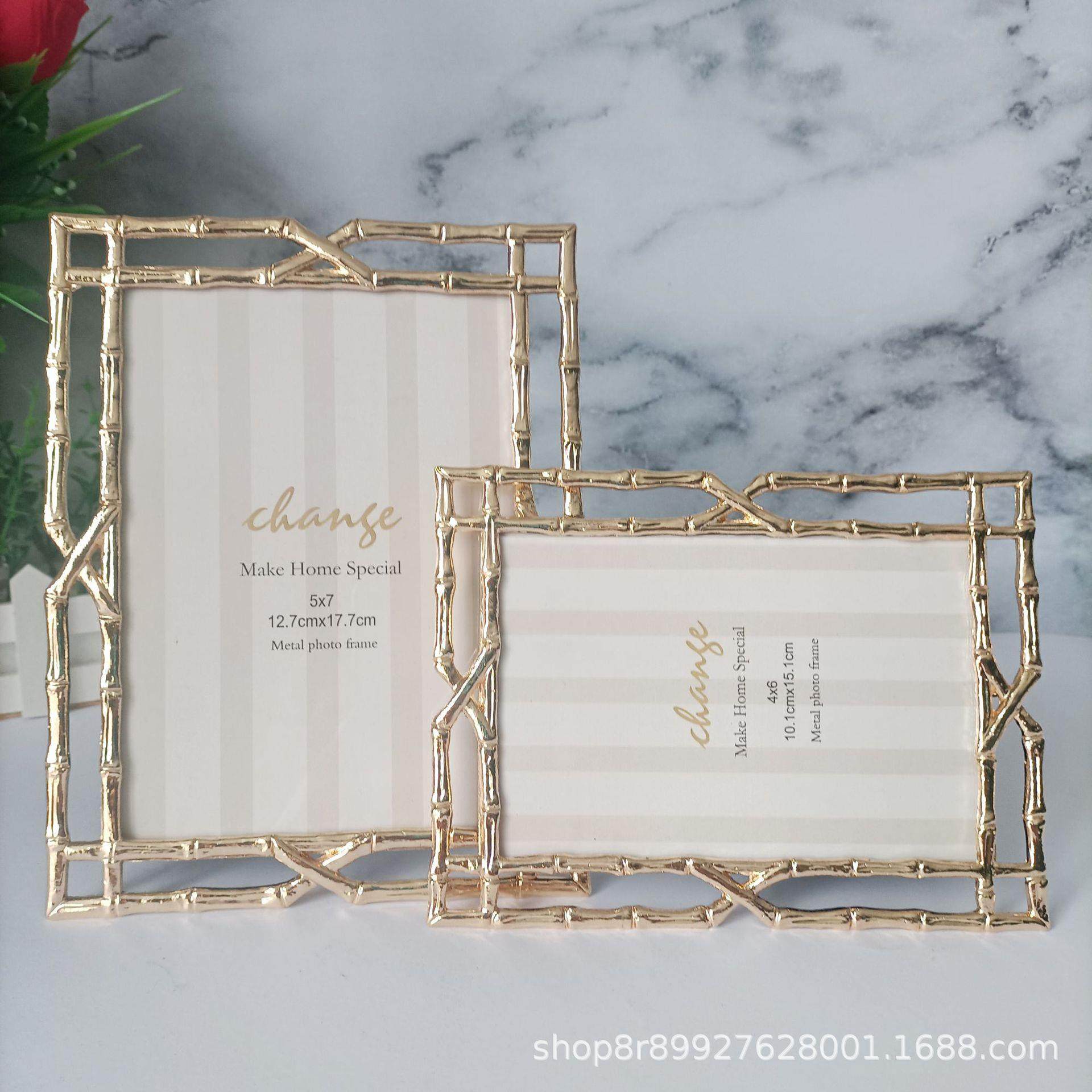 现代简约浅金色竹子金属相框 样板房软装摆台摆件 金属相框