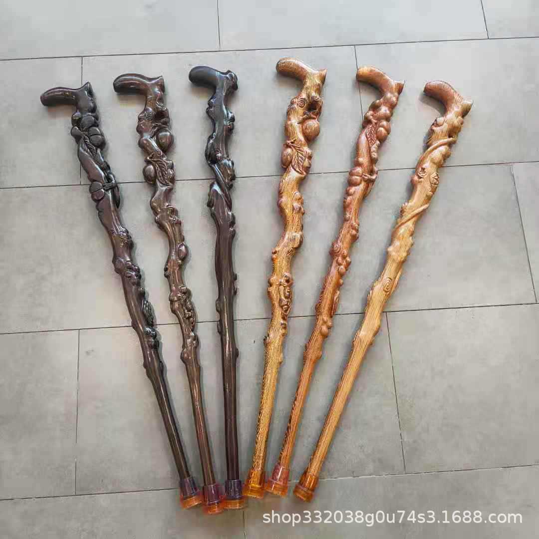 老人实木拐杖非洲鸡翅木黑檀木根雕拐杖雕刻寿桃老人拐杖红木手杖