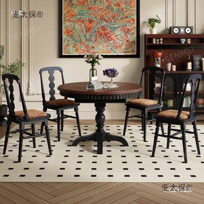 中式古风纯全实木可伸缩折组叠圆桌椅合小户型法餐复古美式麦zgf0